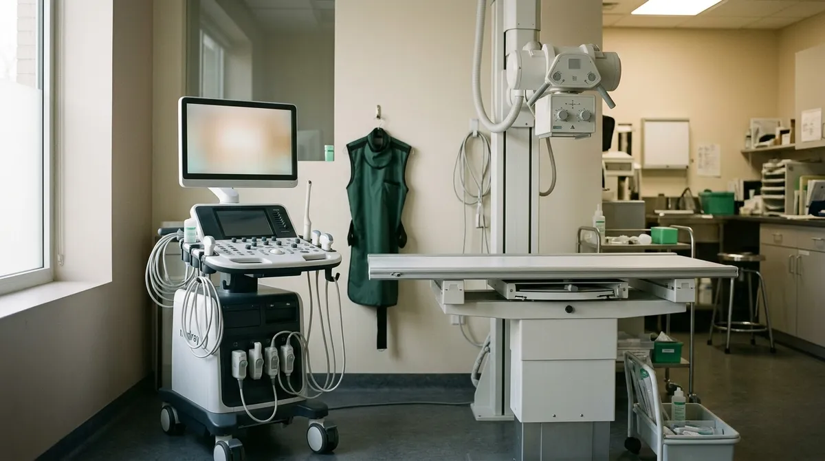 Échographe et table de radiologie dans une clinique vétérinaire